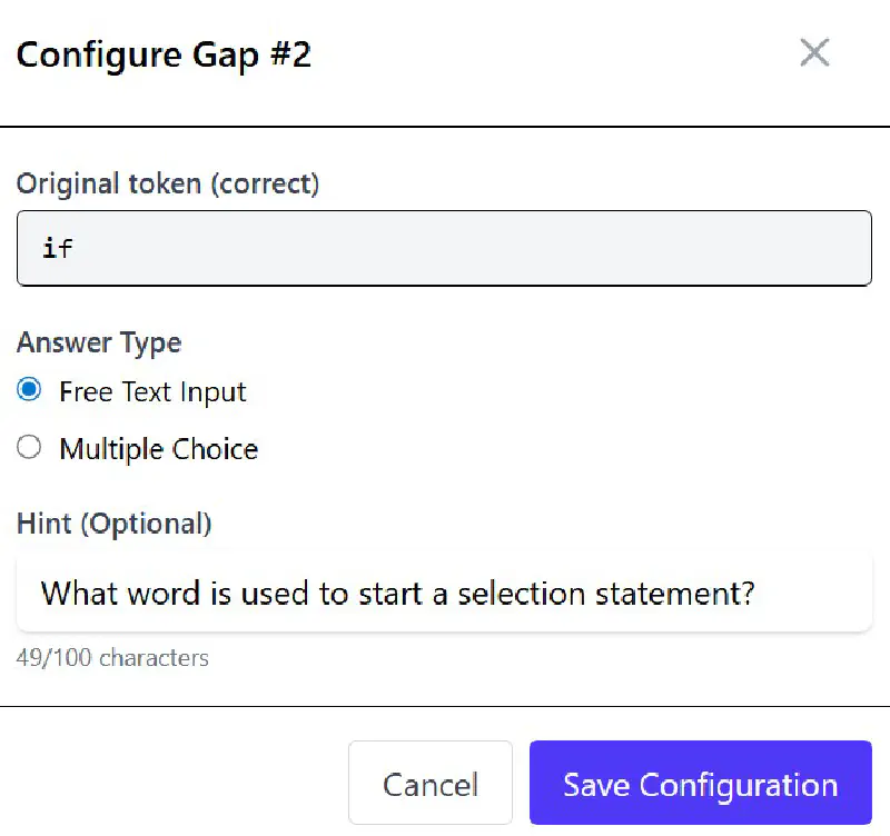Configuring a free text gap to add a hint