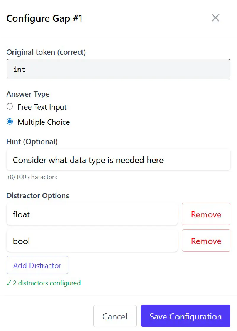 Editing of a multiple choice gap options