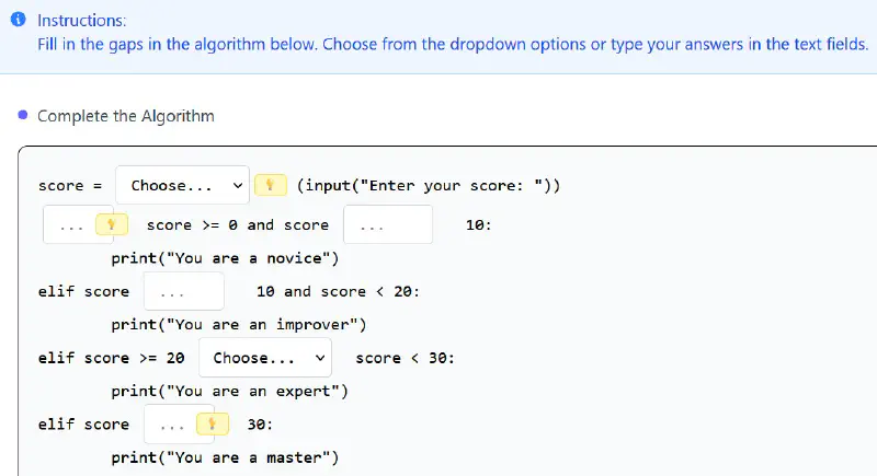 Student view of a gap fill algorithm question